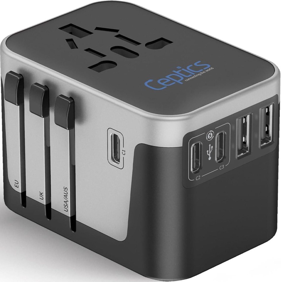 Universal Travel Power Adapter, 6 in 1 Worldwide International Wall Charger with 2X USB-A - 3X USB-C 6A, Travel Power Adapter for for USA EU UK AUS Mobiles Laptops Cameras